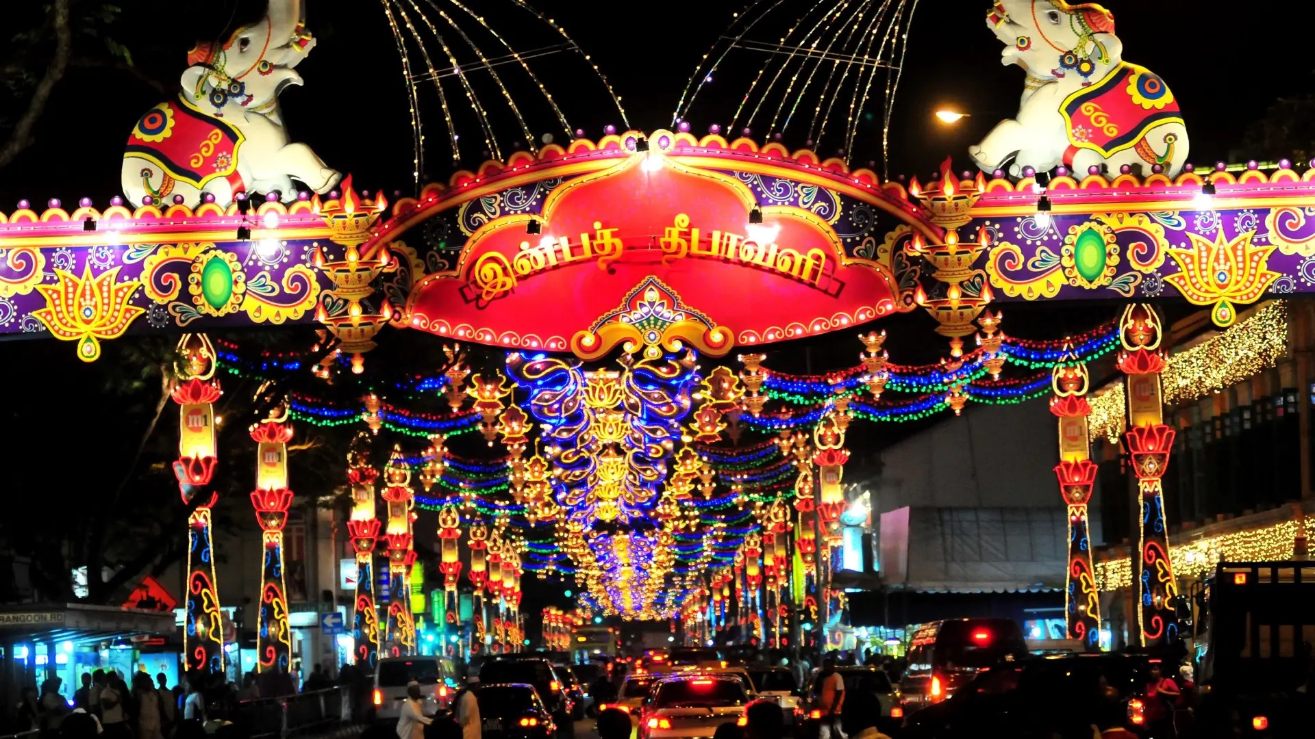 Colourful elephant light display during Deepavali in Little India, Singapore at night.