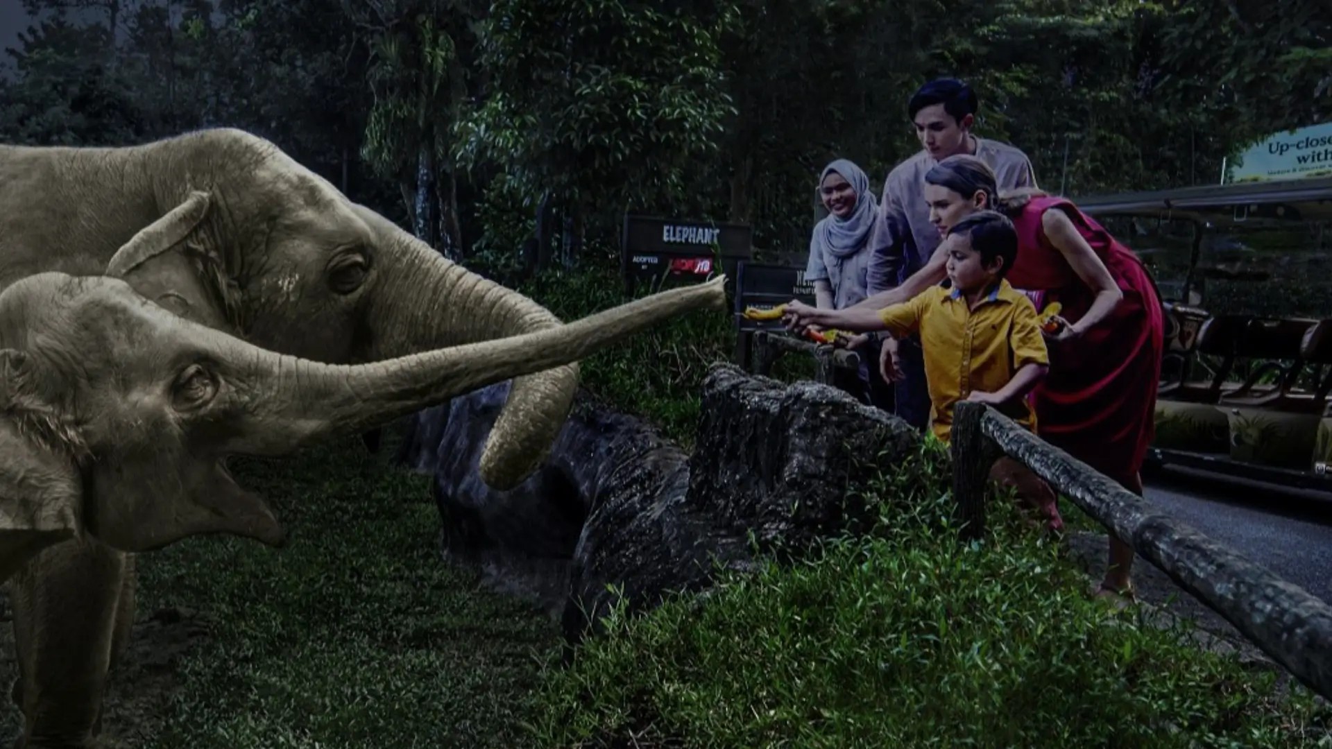Night safari adventure with visitors viewing wildlife under soft moonlight in Singapore.