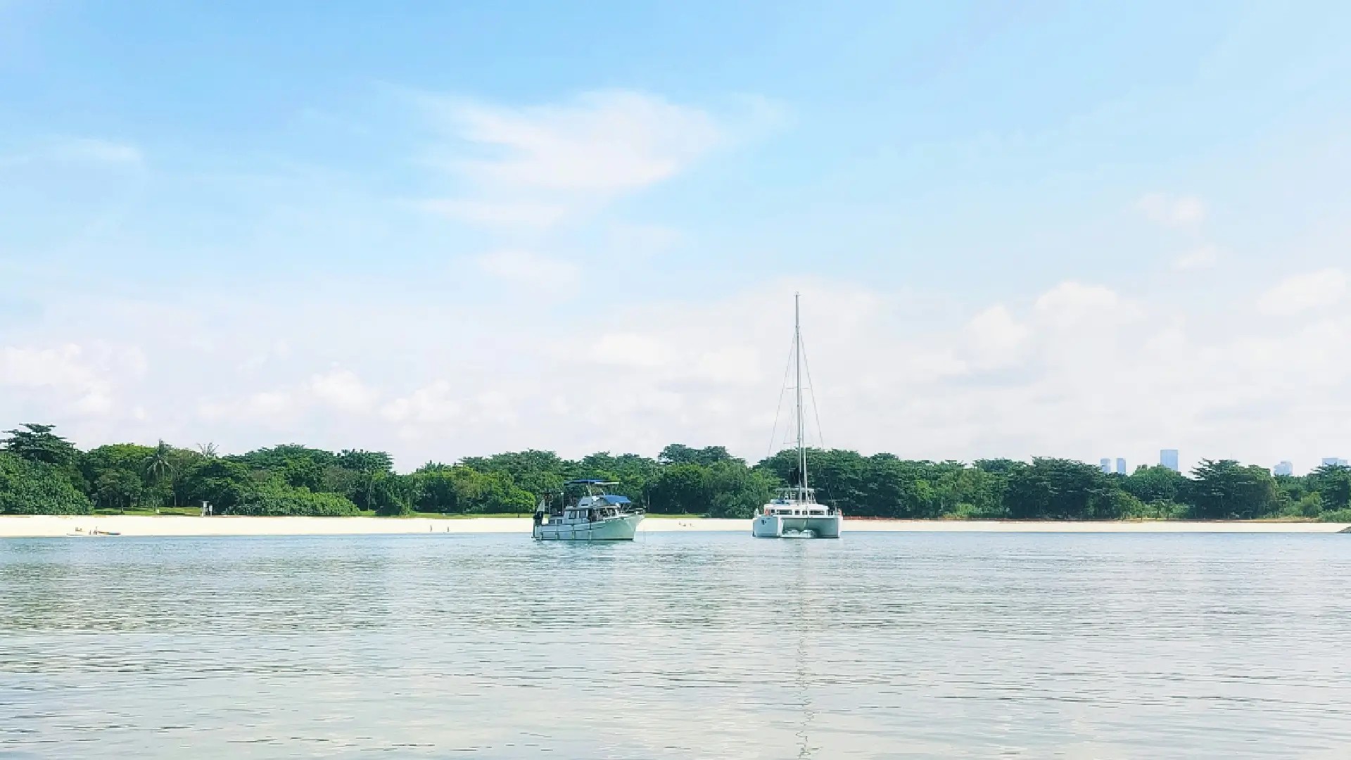 Yachts anchored off Lazarus Island with calm blue waters and a sandy shoreline surrounded by lush greenery.