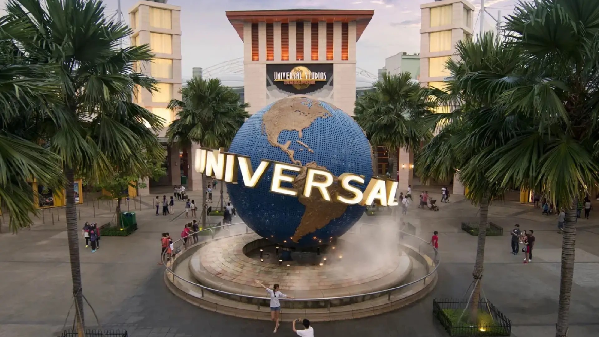 Universal Studios Singapore entrance with the iconic rotating globe at Resorts World Sentosa.