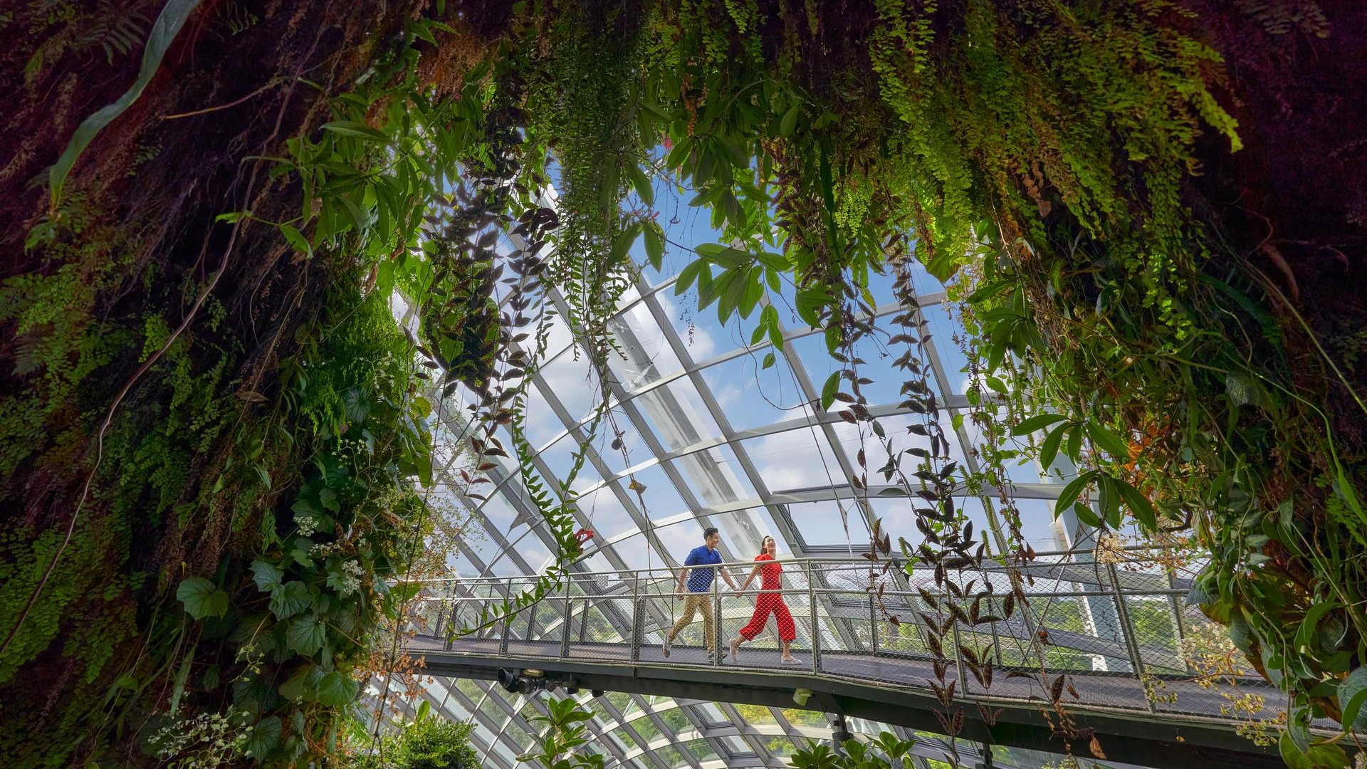 A couple walking hand in hand across the elevated walkway inside the Cloud Forest at Gardens by the Bay, surrounded by lush greenery.
