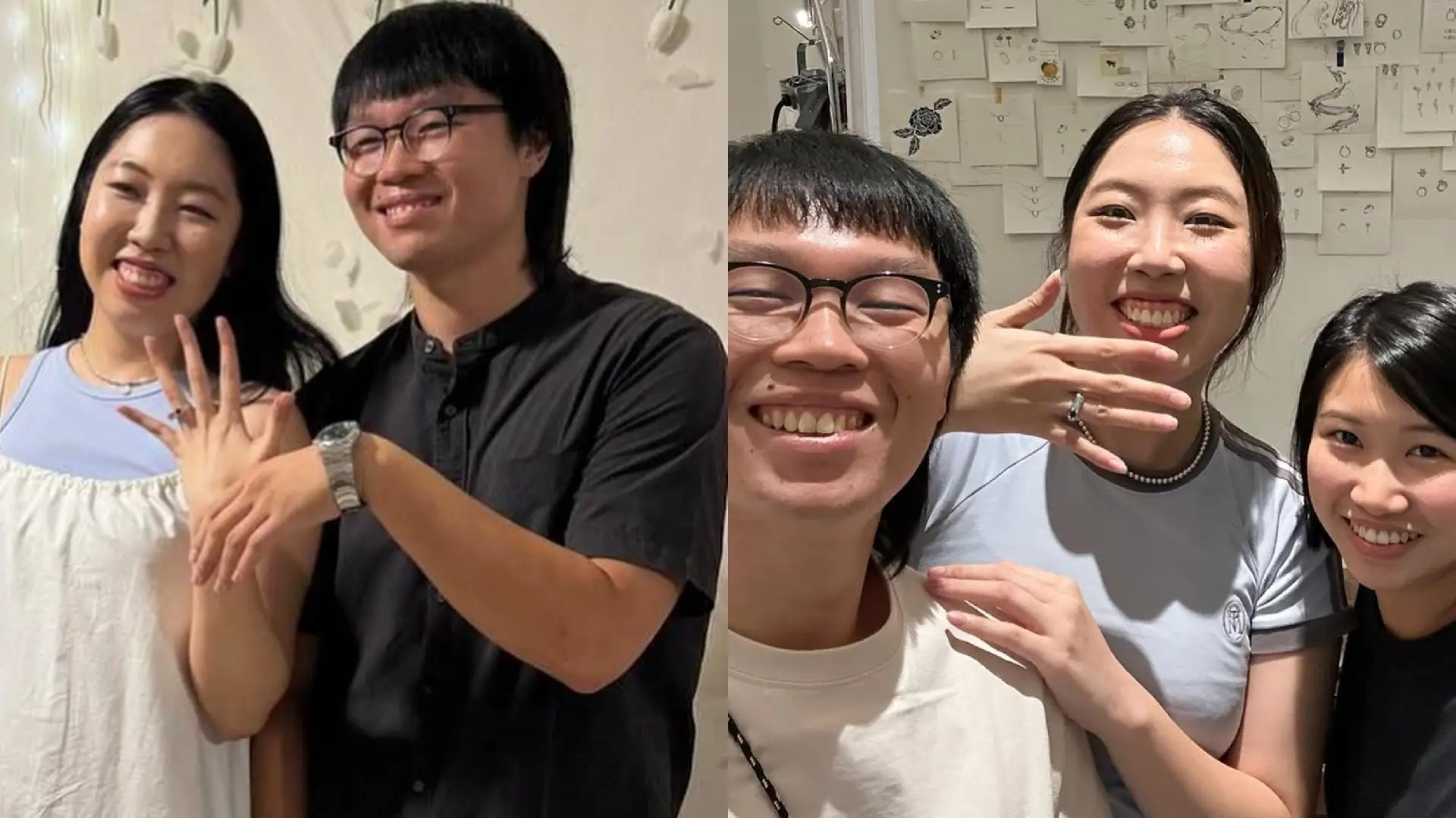 A couple smiling and showing off handmade rings at a jewellery workshop, with a second photo of them posing with an instructor.