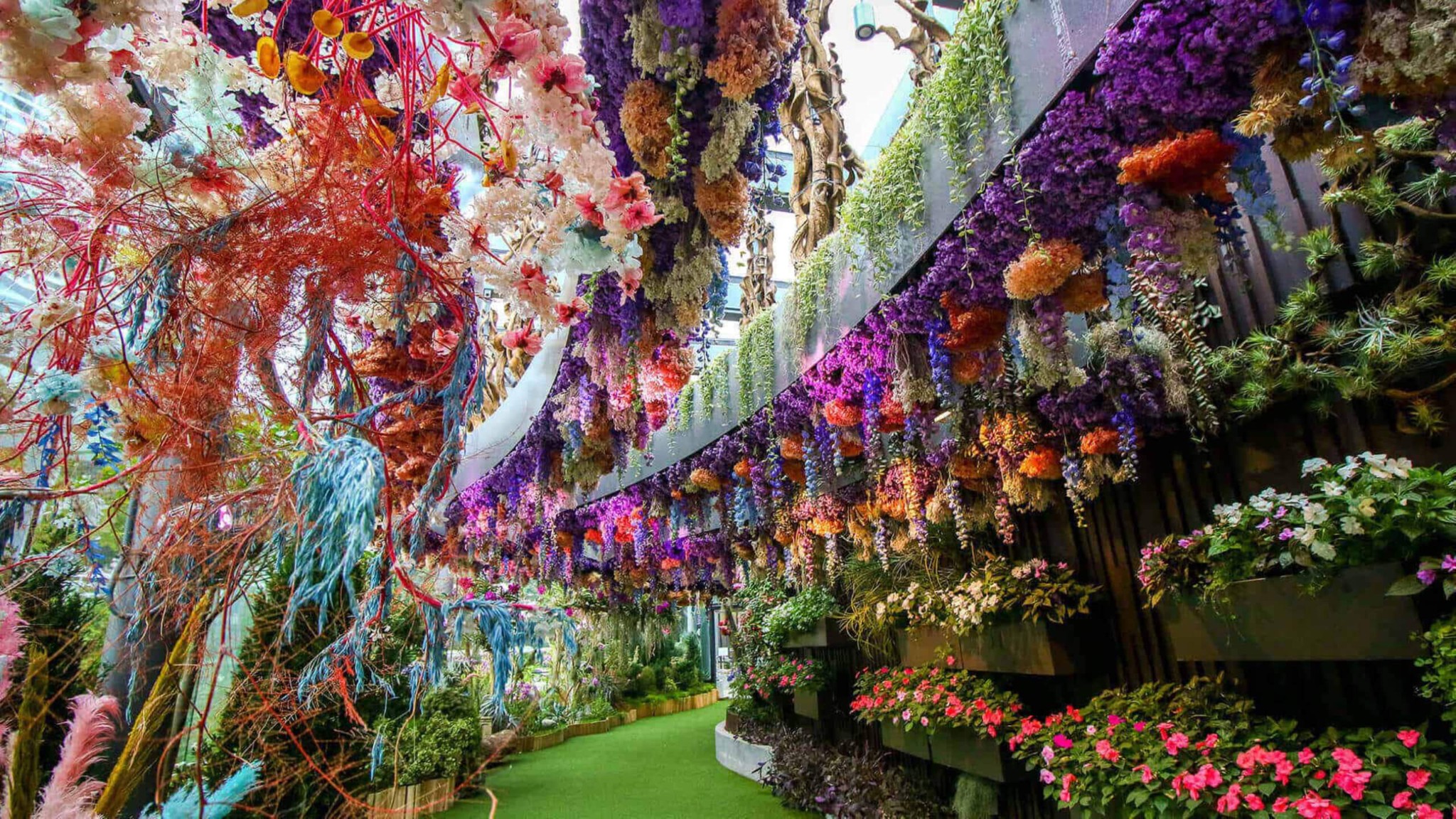 Colourful floral archway at the Singapore Botanic Gardens, featuring vibrant blooms and lush greenery along a garden walkway.