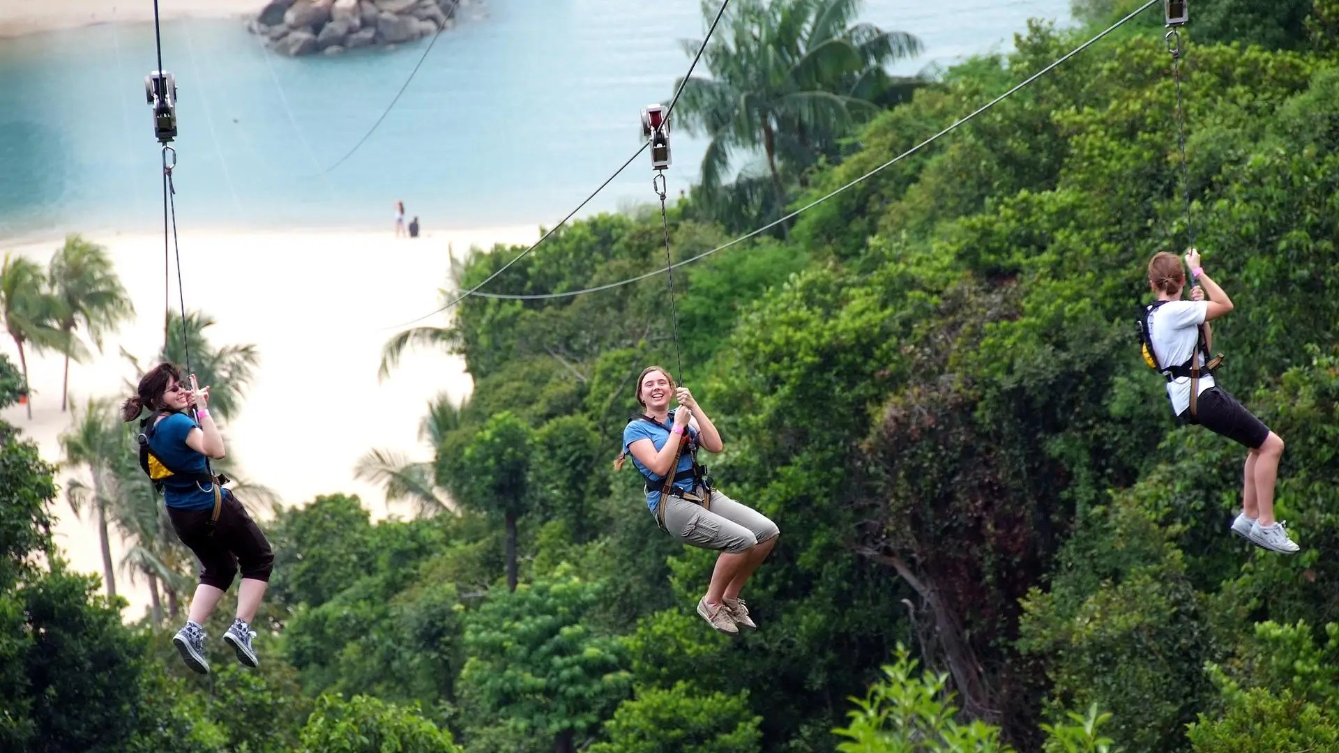 Visitors ziplining through the treetops at Mega Adventure in Sentosa, one of Singapore’s top outdoor adventure attractions.