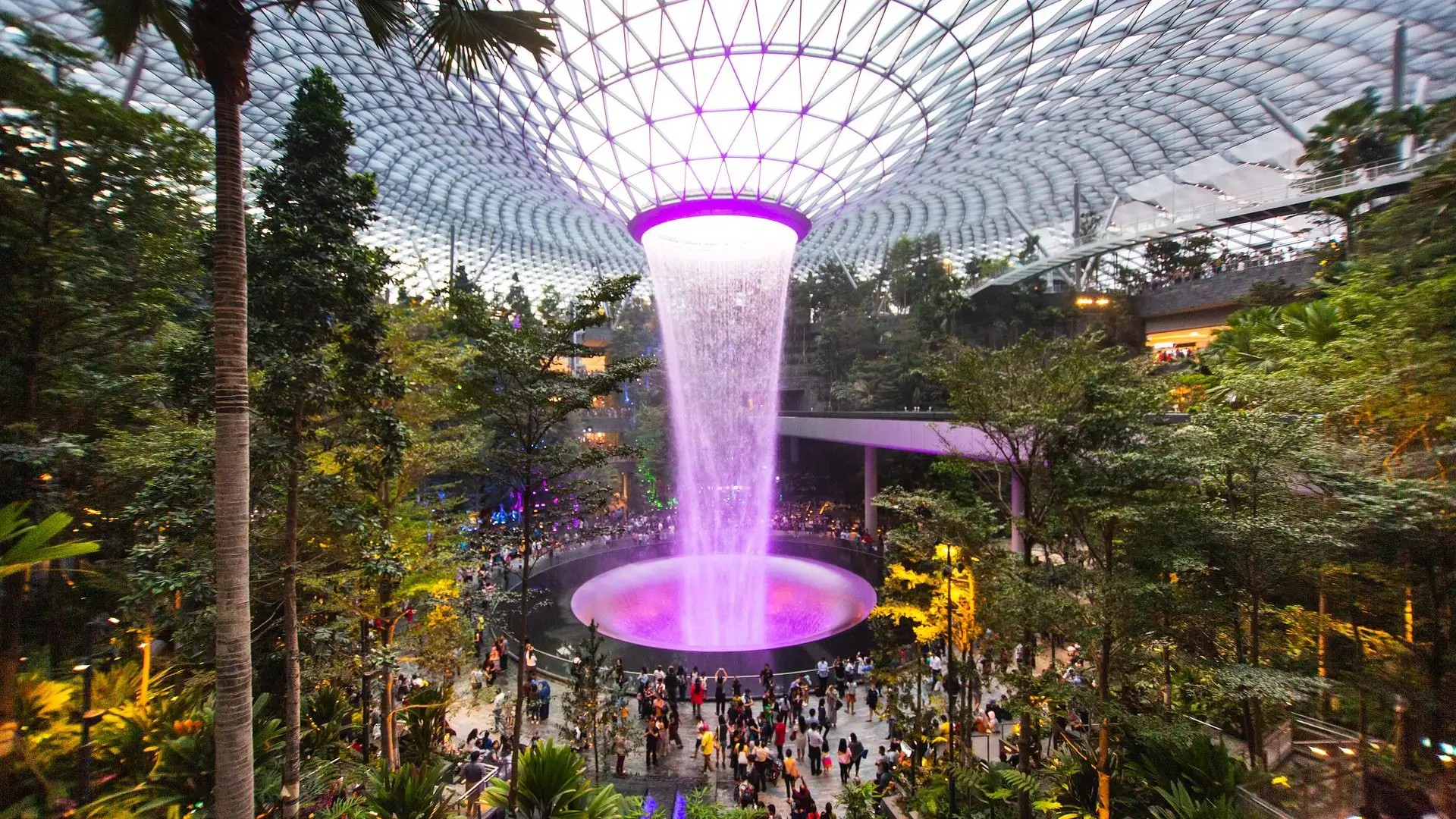 The Rain Vortex at Jewel Changi Airport glowing in the evening, with the world’s tallest indoor waterfall surrounded by lush greenery.