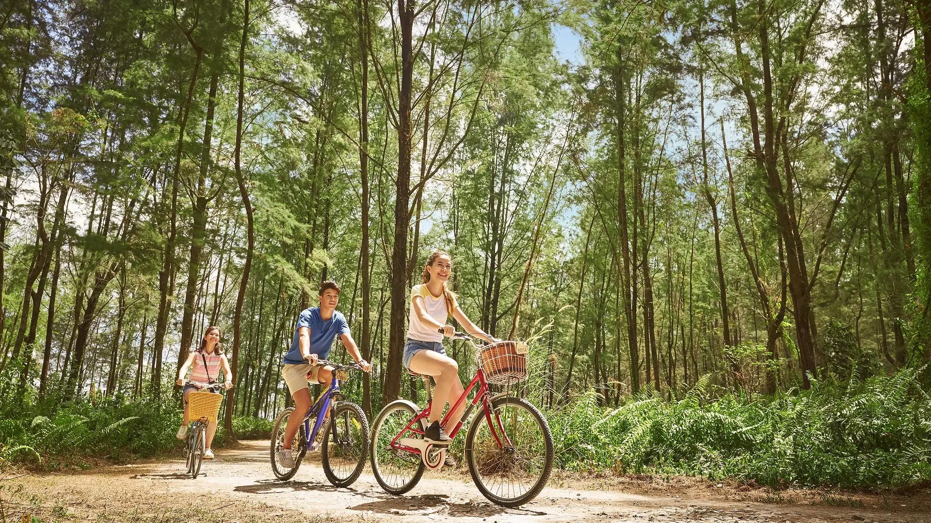 Friends cycling along a forest trail on Coney Island Singapore, enjoying nature, greenery, and outdoor adventure.