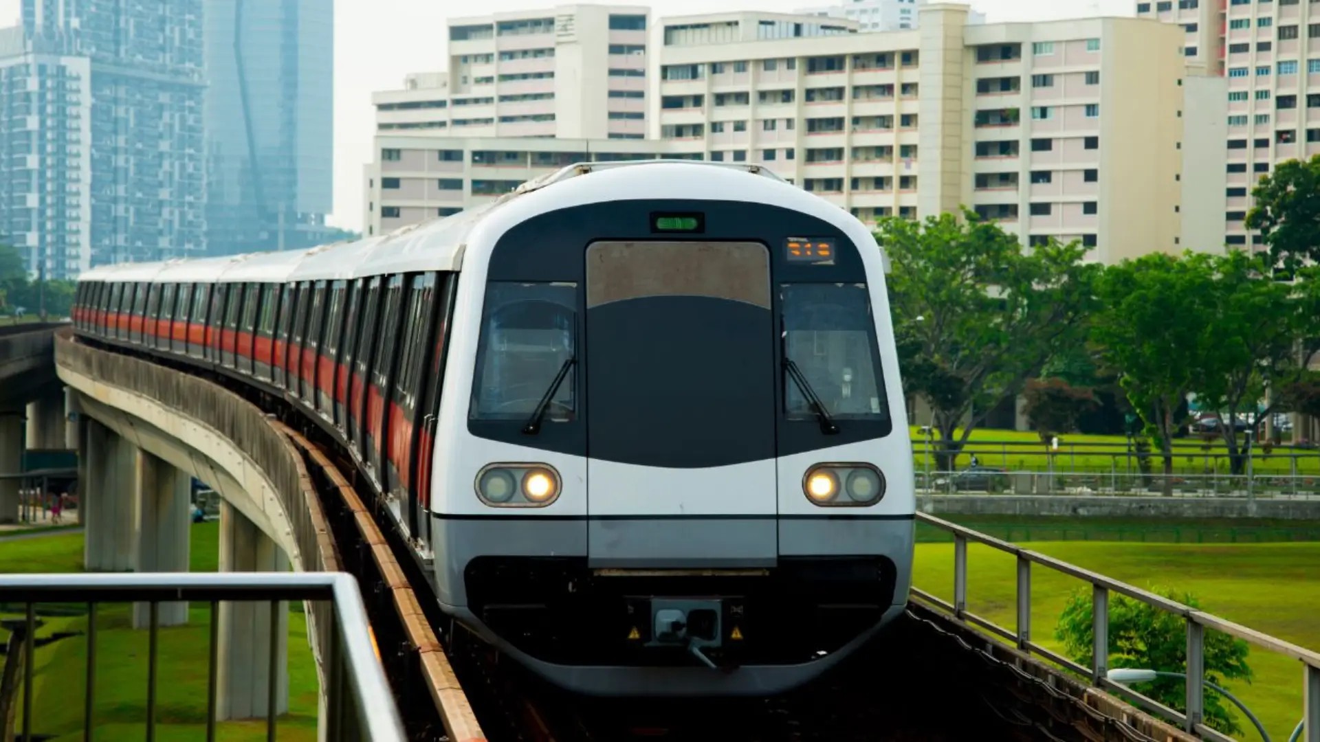 Singapore MRT train arriving at HarbourFront Station, the main interchange for connecting to Sentosa Island