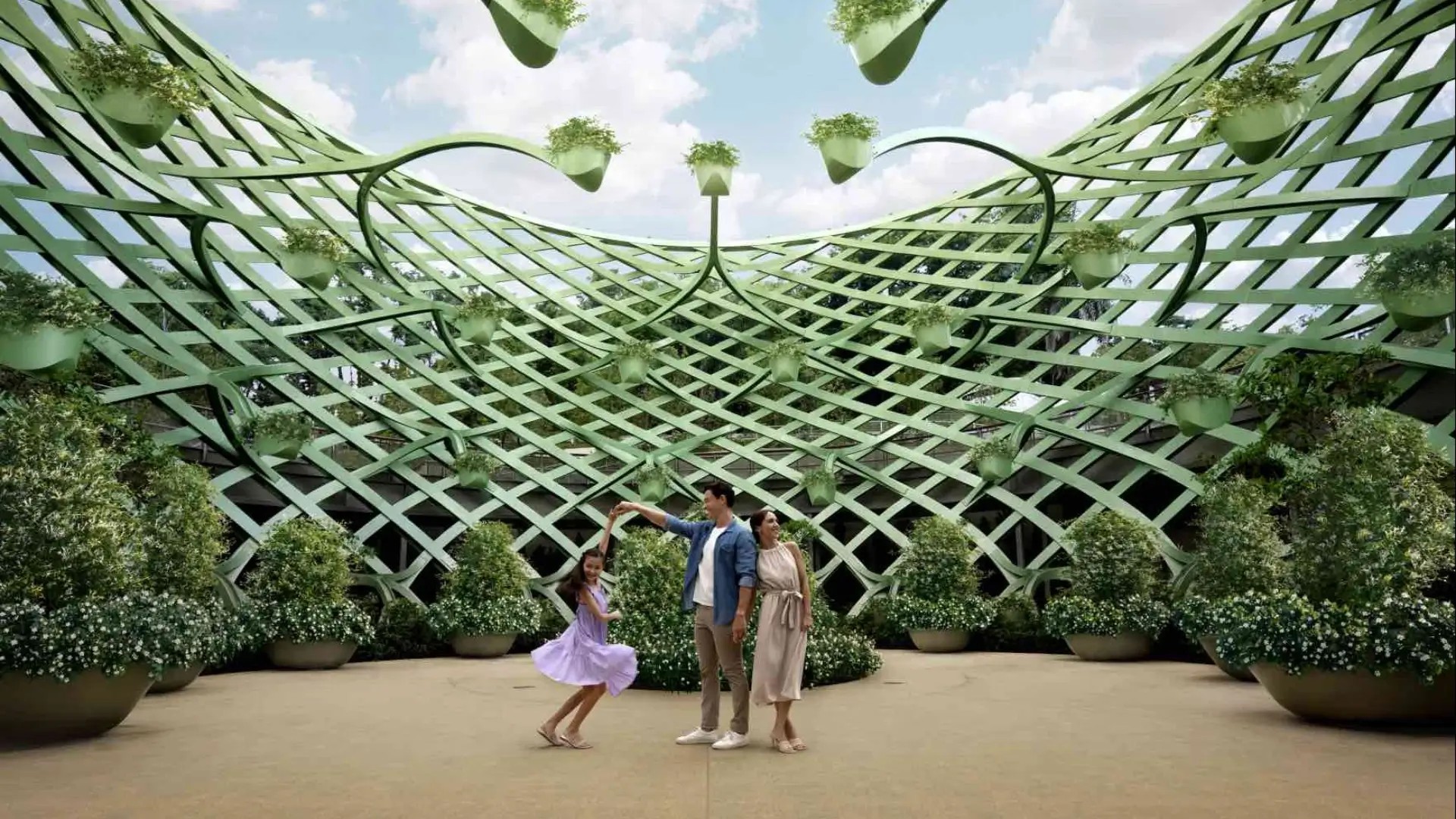 Family exploring the Scented Sphere at Sentosa, a nature-inspired garden pavilion designed for relaxation and sensory experiences.