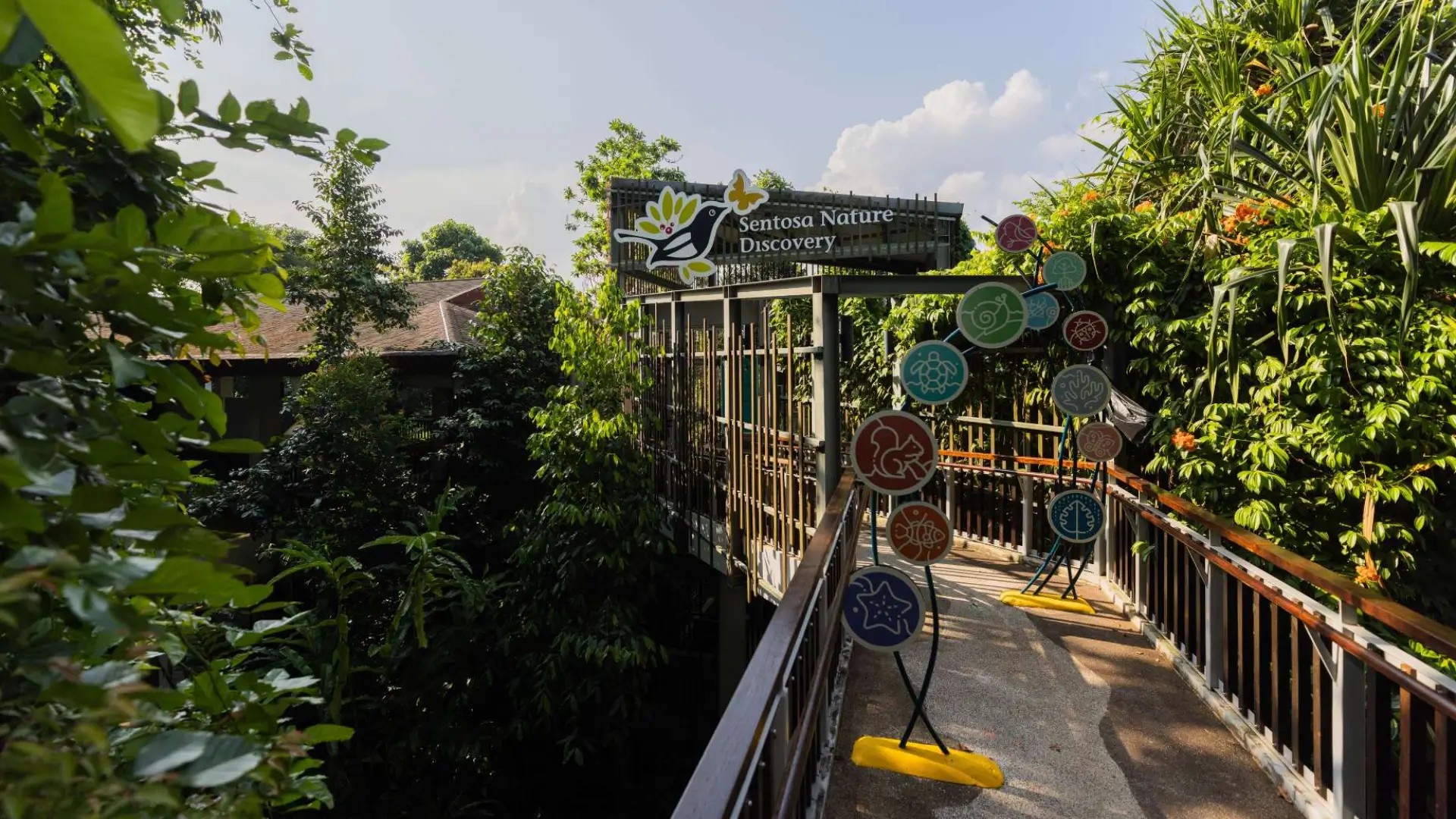 Sentosa Nature Discovery trail entrance with elevated boardwalks surrounded by lush tropical greenery, offering a peaceful rainforest walk on Sentosa Island, Singapore.