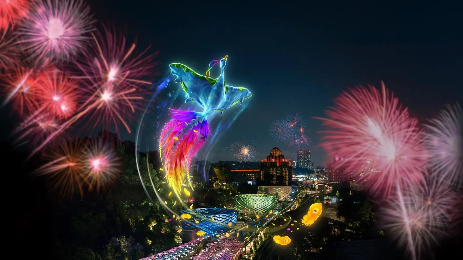 Night view of Sentosa Sensoryscape featuring a vibrant phoenix-inspired light installation above the walkway, with fireworks illuminating the skyline in the background.