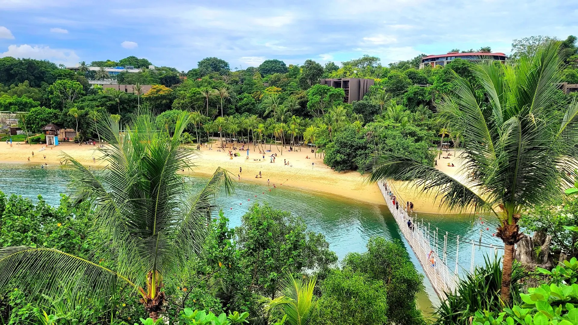 Suspension bridge and sandy beach surrounded by tropical greenery on Sentosa Island, highlighting the mix of nature and attractions in Singapore.