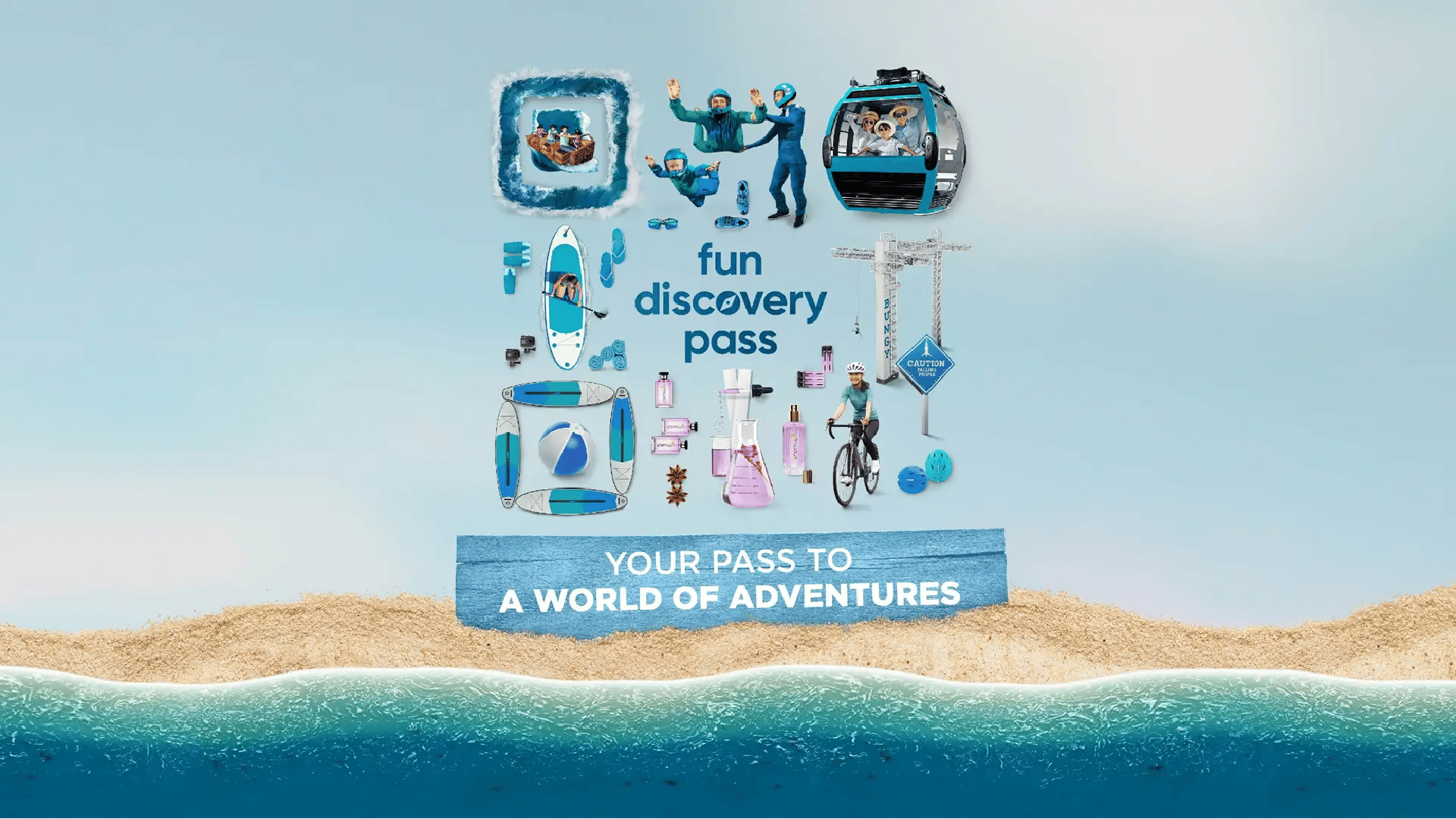 Illustration showcasing the Sentosa Fun Discovery Pass with icons of multiple attractions and activities, promoting bundled attraction tickets and passes