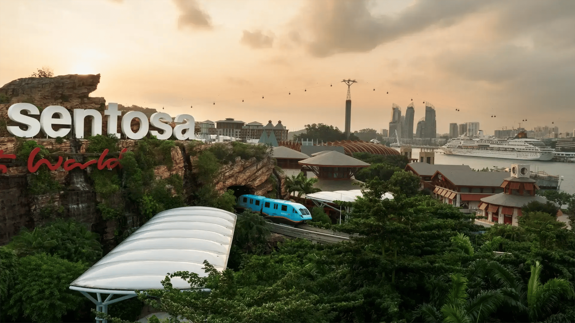 Sentosa Island entrance with cable car skyline and harbour views in Singapore