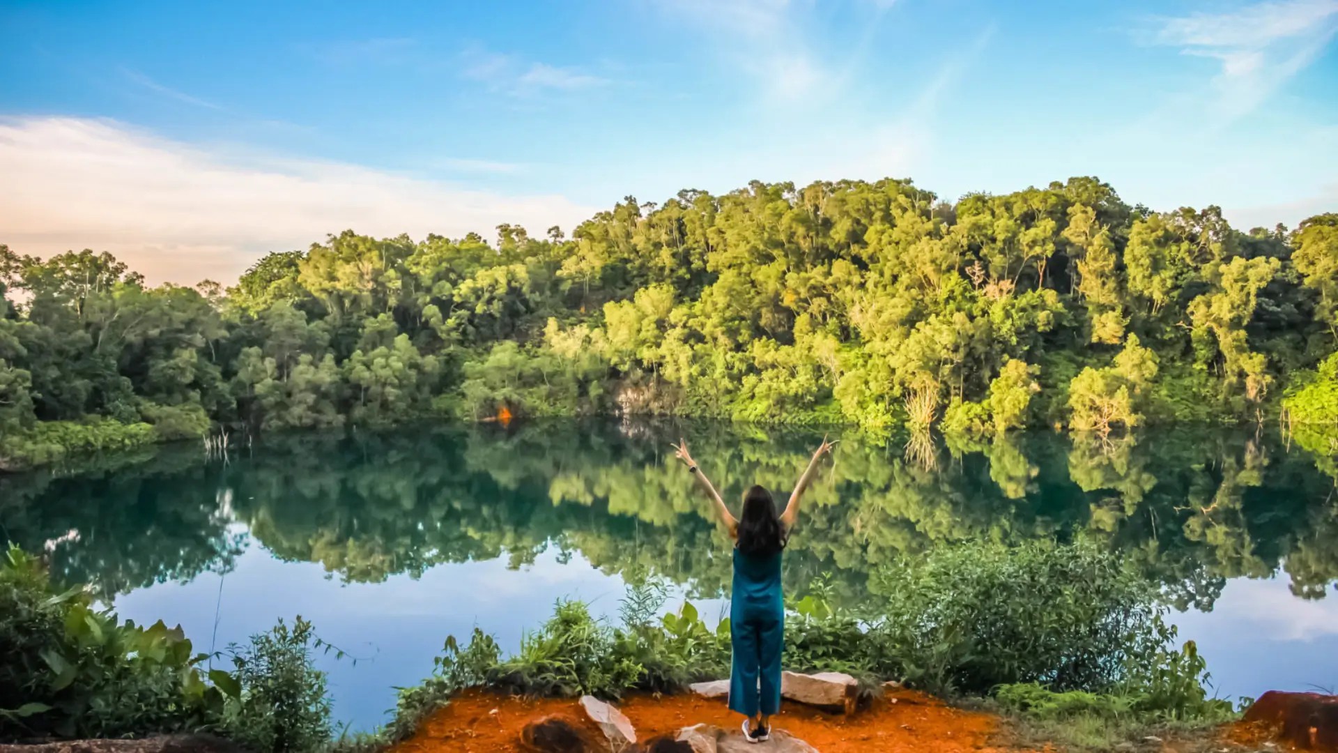 Visitor overlooking a tranquil lake surrounded by rainforest on Pulau Ubin near Chek Jawa Wetlands, Singapore