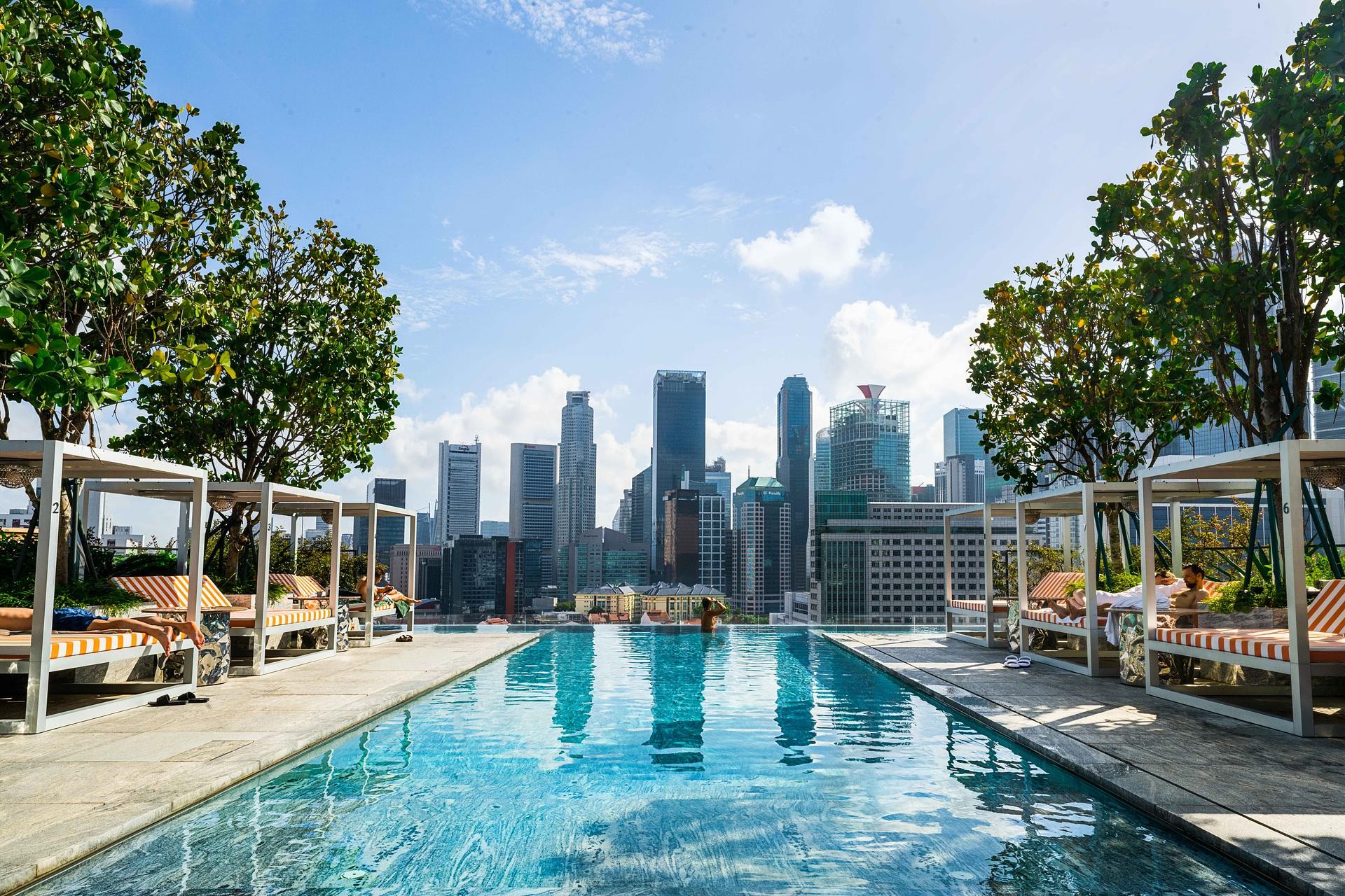 Rooftop swimming pool with views of the Singapore city skyline on a sunny day