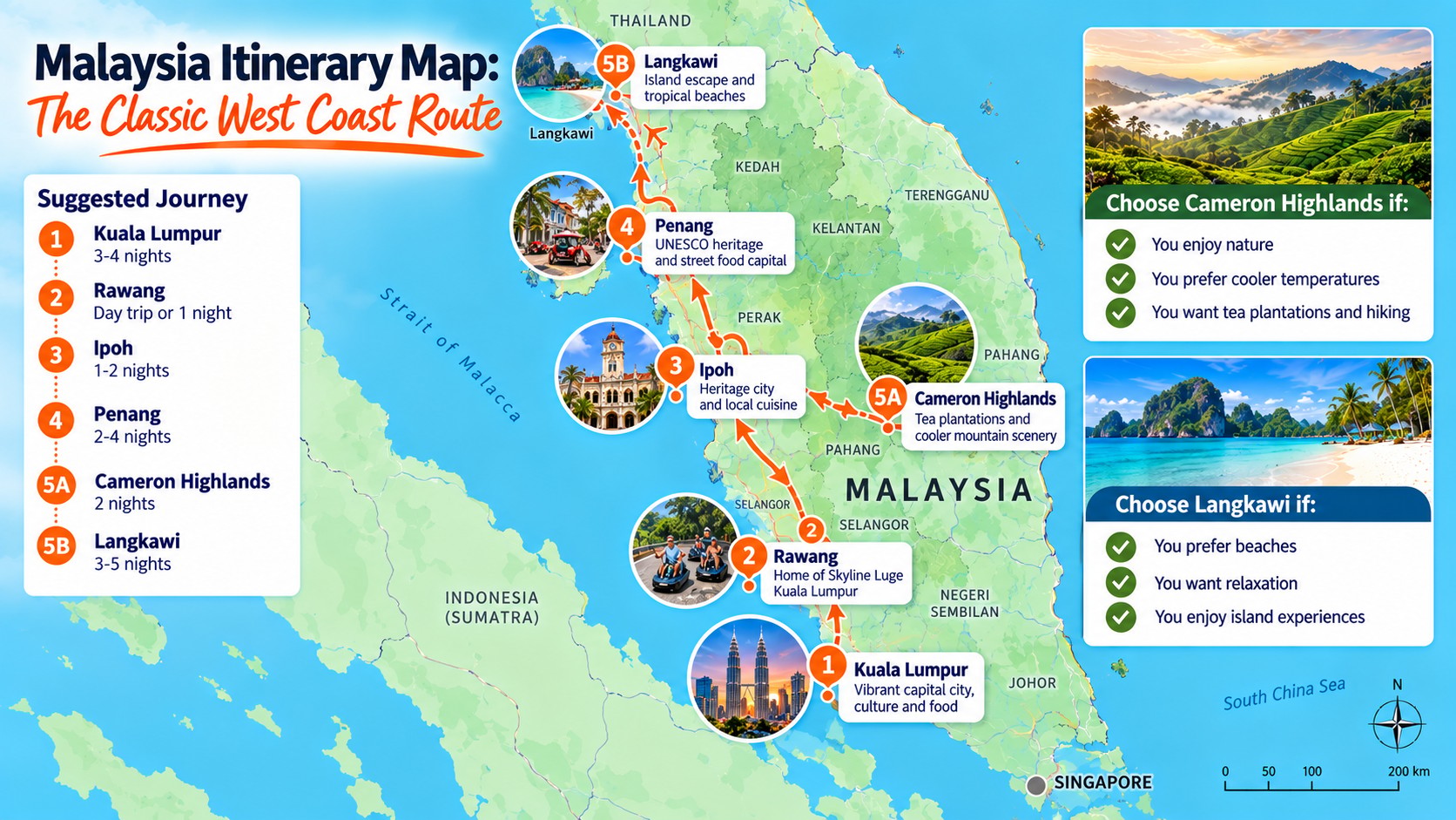Malaysia West Coast itinerary map showing the route from Kuala Lumpur through Rawang, Ipoh and Penang, with optional extensions to Cameron Highlands or Langkawi.