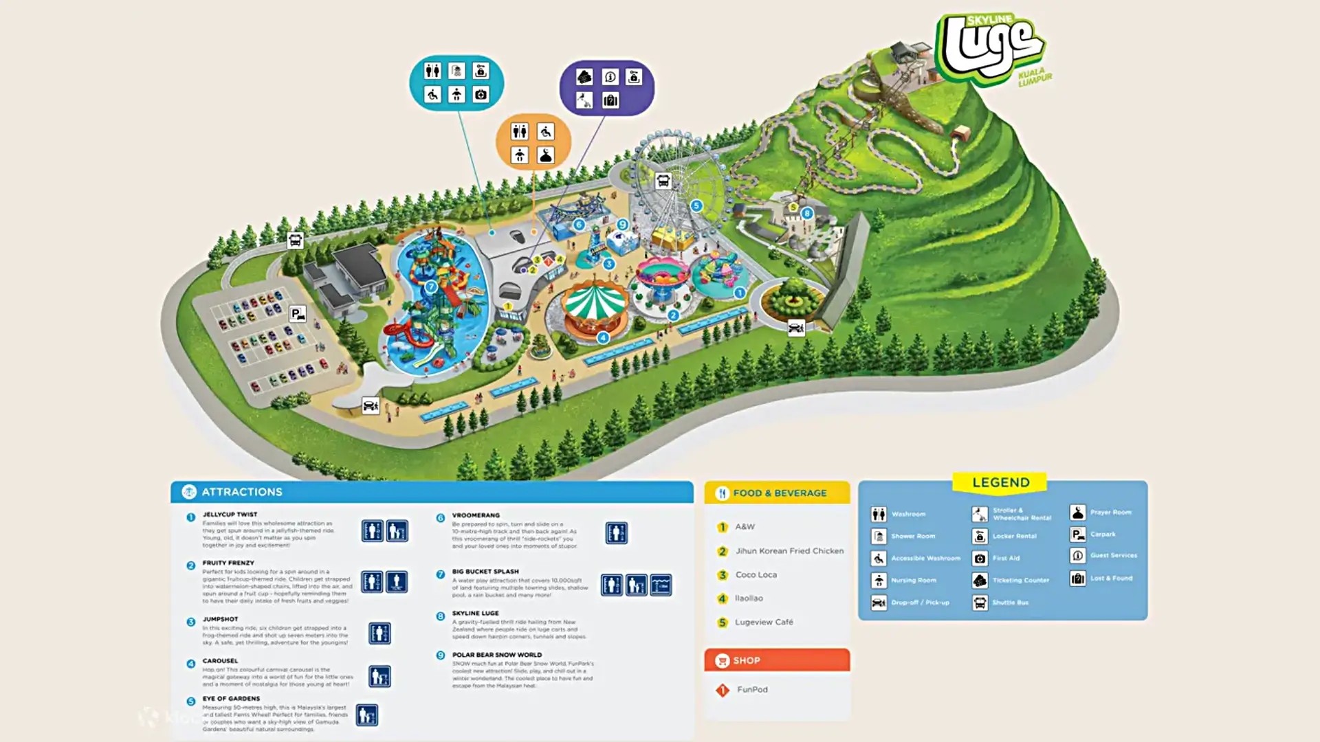Map of Skyline Luge Kuala Lumpur and FunPark at Gamuda Luge Gardens showing Luge tracks, rides, attractions and facilities