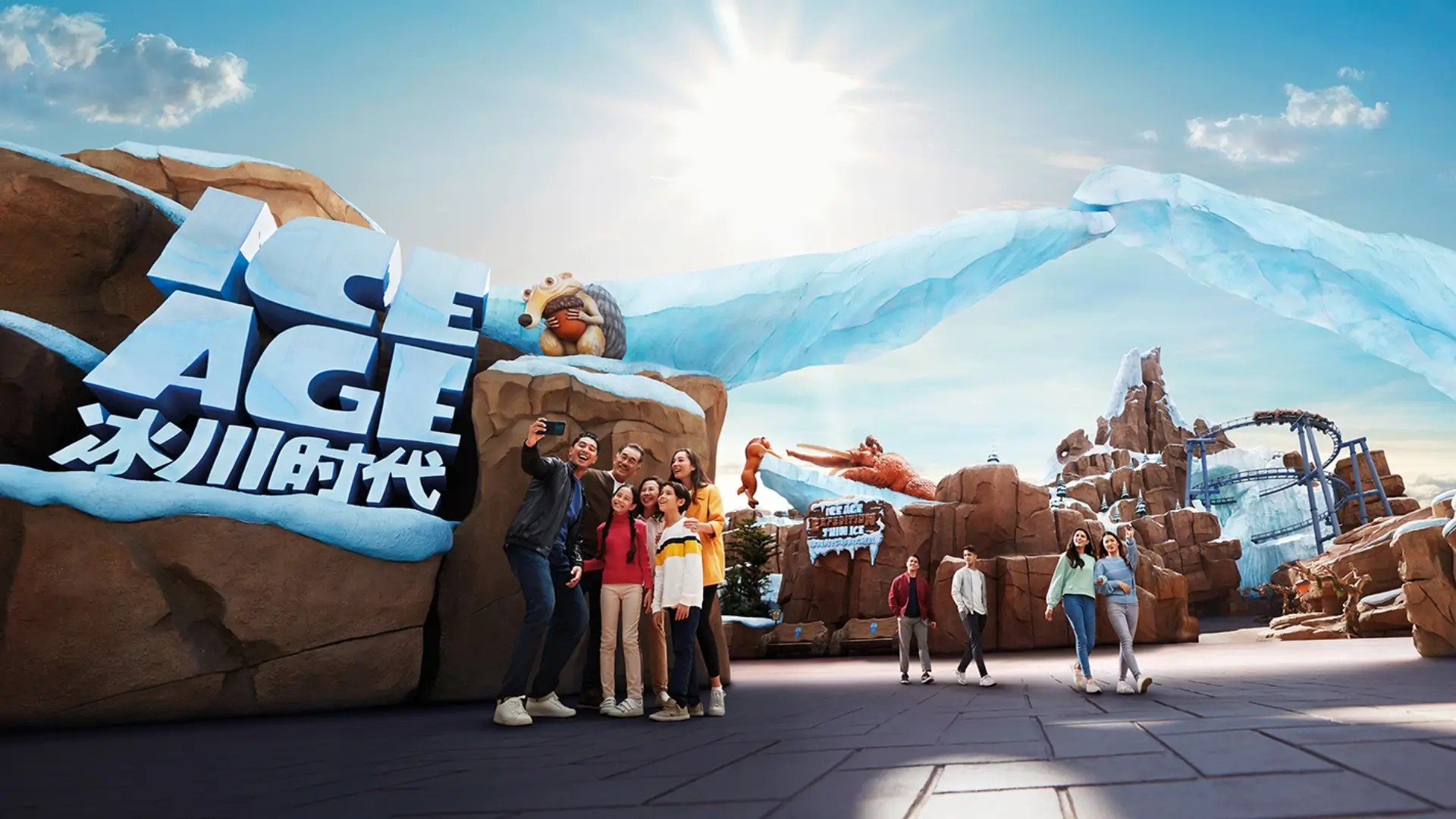 Visitors at the Ice Age themed area of Genting SkyWorlds Theme Park near Kuala Lumpur